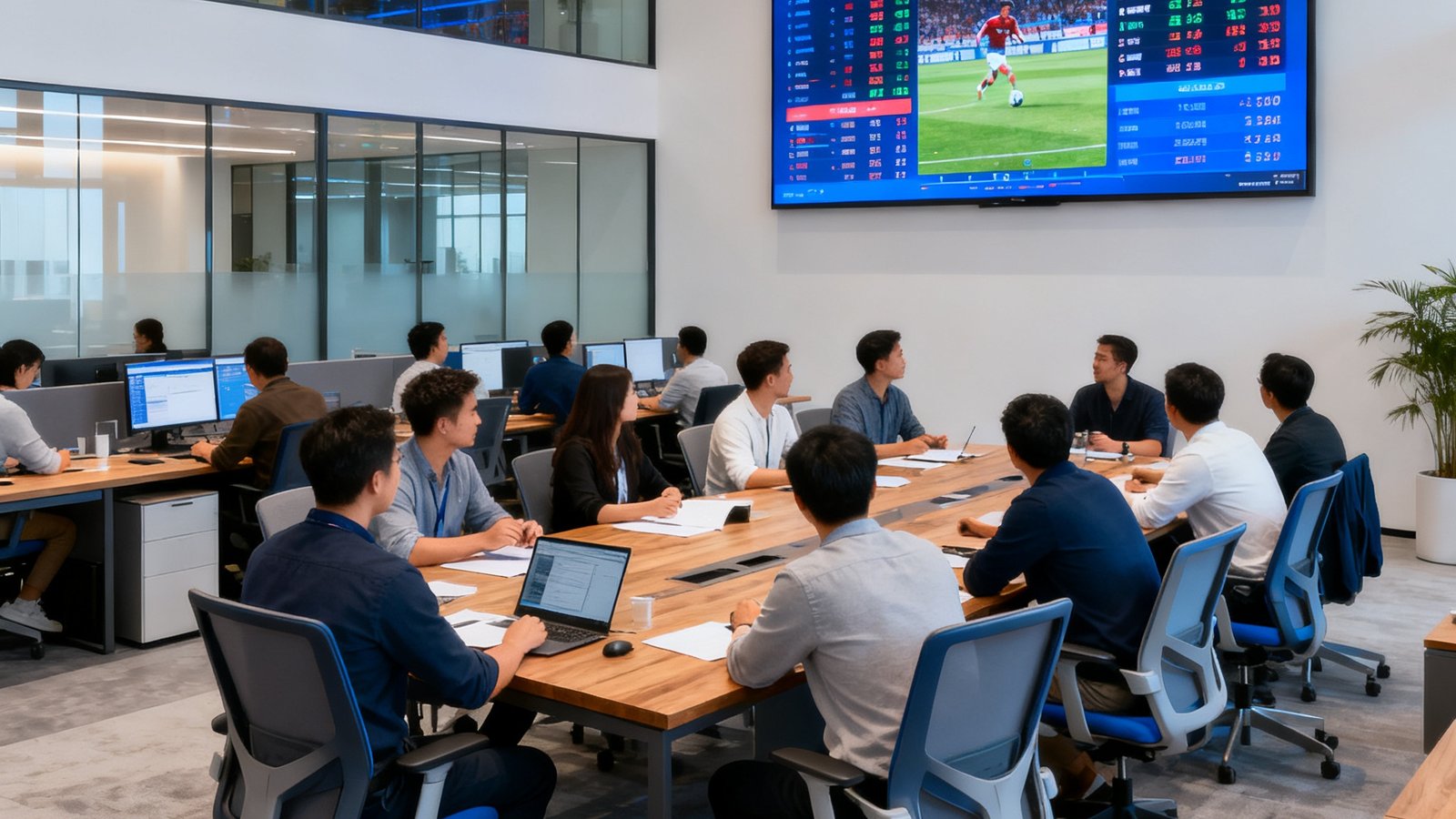 九游娱乐网广州总部开放式办公区，数十位员工在现代化办公室内进行产品研讨与数据分析，墙上展示着实时赛事数据大屏。