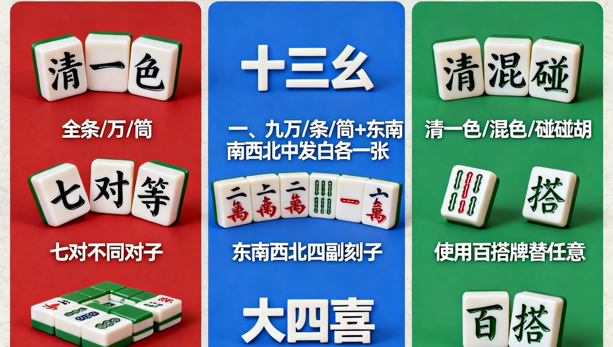 中国各地麻将规则差异科普文章配图，展示四川麻将、广东麻将和上海麻将的牌型对比。