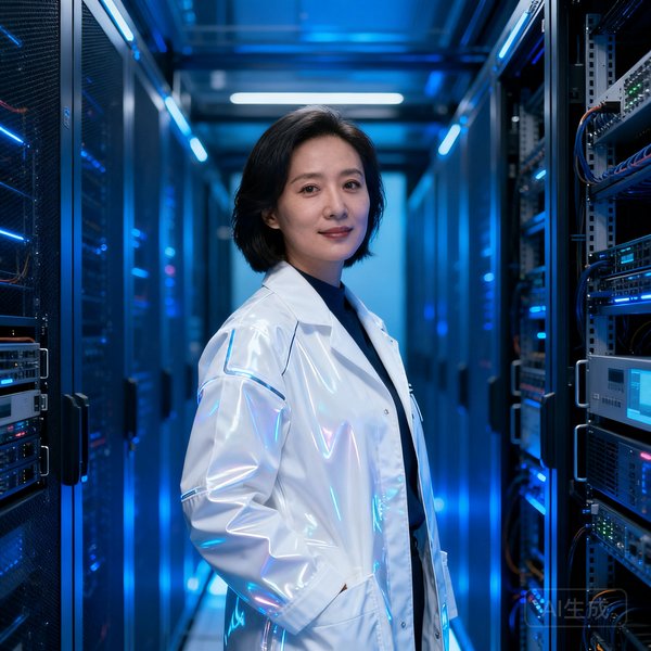 九游娱乐网CTO苏婉清，三十岁左右女性，穿着白色科技感外套，背景为服务器机房蓝光环境。